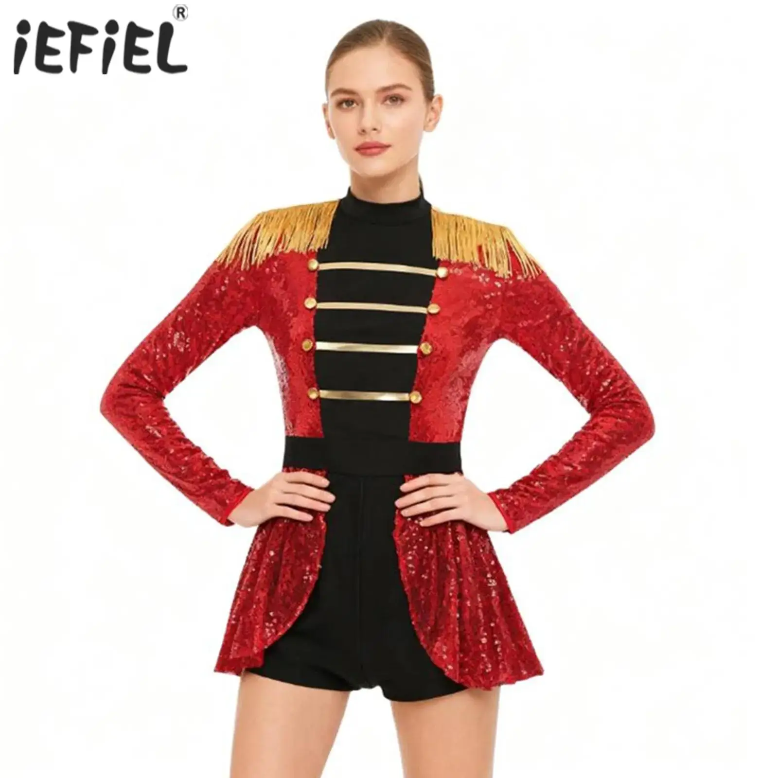 Womens Sparkly Sequin Circus Ringmaster Lion Tamer Cosplay Costume Tassel Skirted Boyshorts Marching Band Leotard Jumpsuit
Womens Sparkly Sequin Circus Ringmaster Lion Tamer Cosplay Costume Tassel Skirted Boyshorts Marching Band Leotard Jumpsuit
