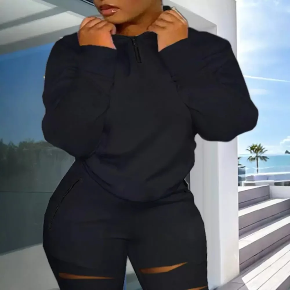 Women 2pcs Clothes Set Solid Color Long Sleeve Zipper Sweatshirt & Ankle Length Sweatpants Holes
Women 2pcs Clothes Set Solid Color Long Sleeve Zipper Sweatshirt & Ankle Length Sweatpants Holes
