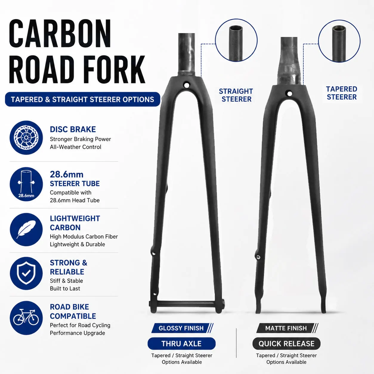 Carbon Fiber Road Bike Fork 700C Disc Brake, Flat Mount, Ultra-Light T800 Toray, 100x12mm Thru Axle/QR, Straight/Tapered Steerer
Carbon Fiber Road Bike Fork 700C Disc Brake, Flat Mount, Ultra-Light T800 Toray, 100x12mm Thru Axle/QR, Straight/Tapered Steerer