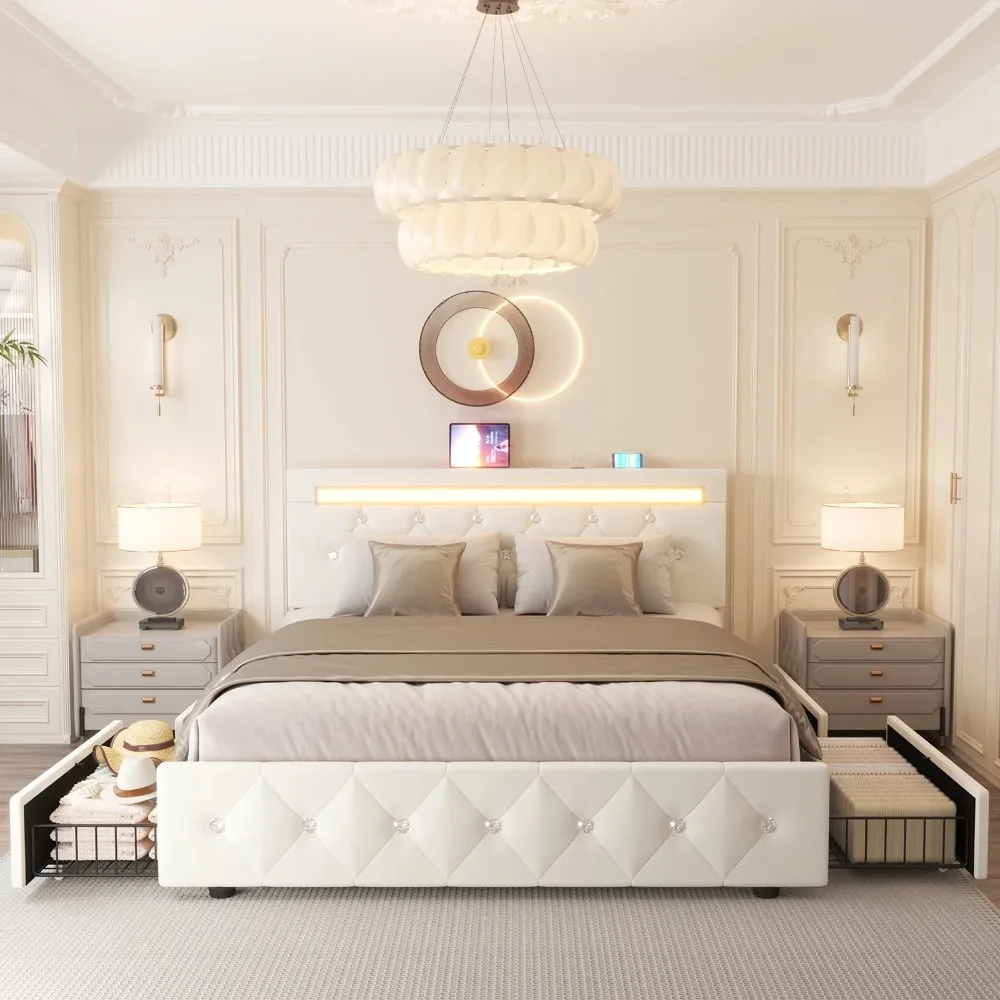 Full Bed Frame with 4 Drawers and LED Adjustable Button PU Leather Headboard, Charging Station
Full Bed Frame with 4 Drawers and LED Adjustable Button PU Leather Headboard, Charging Station