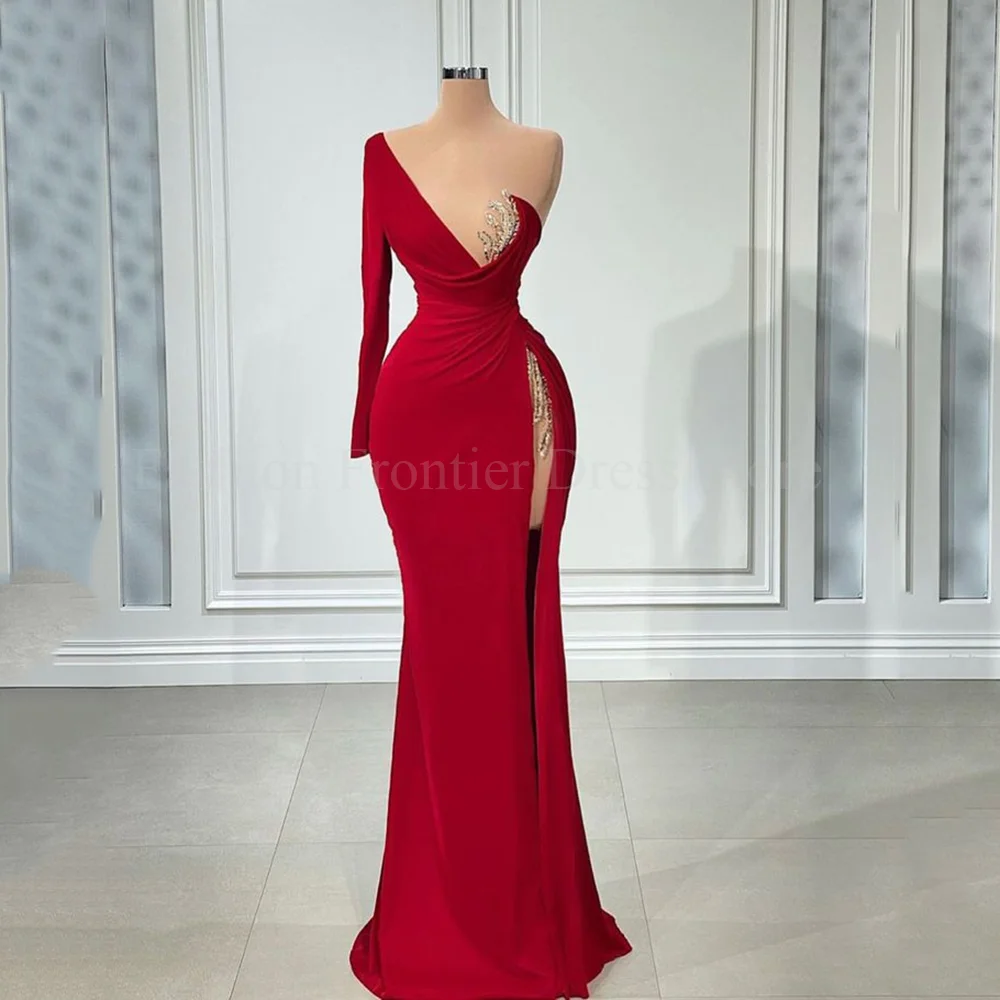 Gorgeous V-Neck Prom Gowns One Shoulder Mermaid High Side Split Appliques Long Sleeve Beading Evening Party Dresses Custom Made
Gorgeous V-Neck Prom Gowns One Shoulder Mermaid High Side Split Appliques Long Sleeve Beading Evening Party Dresses Custom Made