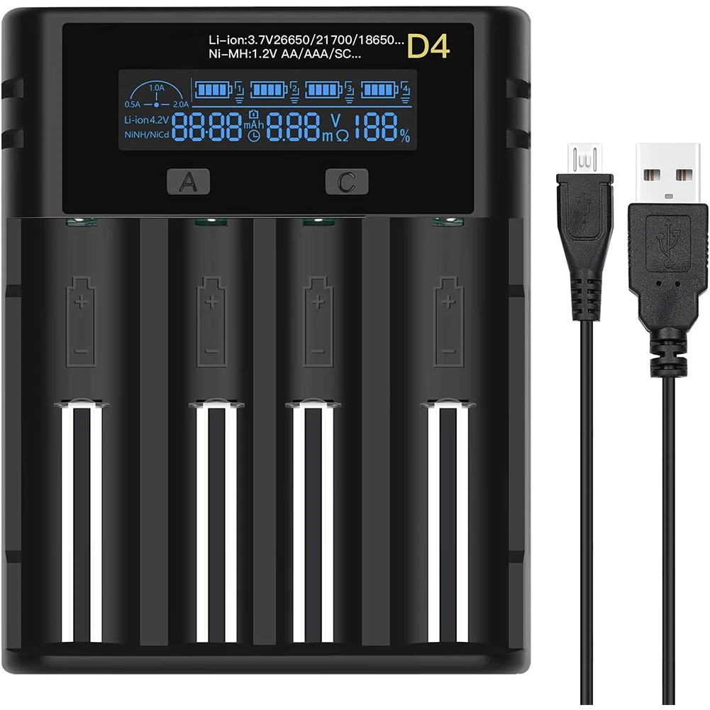 18650 Battery Charger, 4-Slot Universal Smart Charger LCD Display for 3.7v Lithium ion Rechargeable Batteries 26650 21700 18490
18650 Battery Charger, 4-Slot Universal Smart Charger LCD Display for 3.7v Lithium ion Rechargeable Batteries 26650 21700 18490