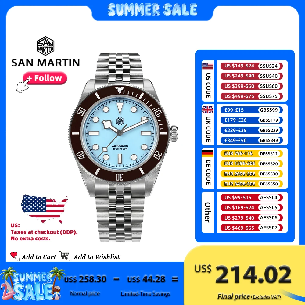 San Martin 40mm Diver Watch Enamel Dial Light Blue Pink Stainless Steel NH35 Automatic Luminous 200m Waterproof for Men SN0128
San Martin 40mm Diver Watch Enamel Dial Light Blue Pink Stainless Steel NH35 Automatic Luminous 200m Waterproof for Men SN0128