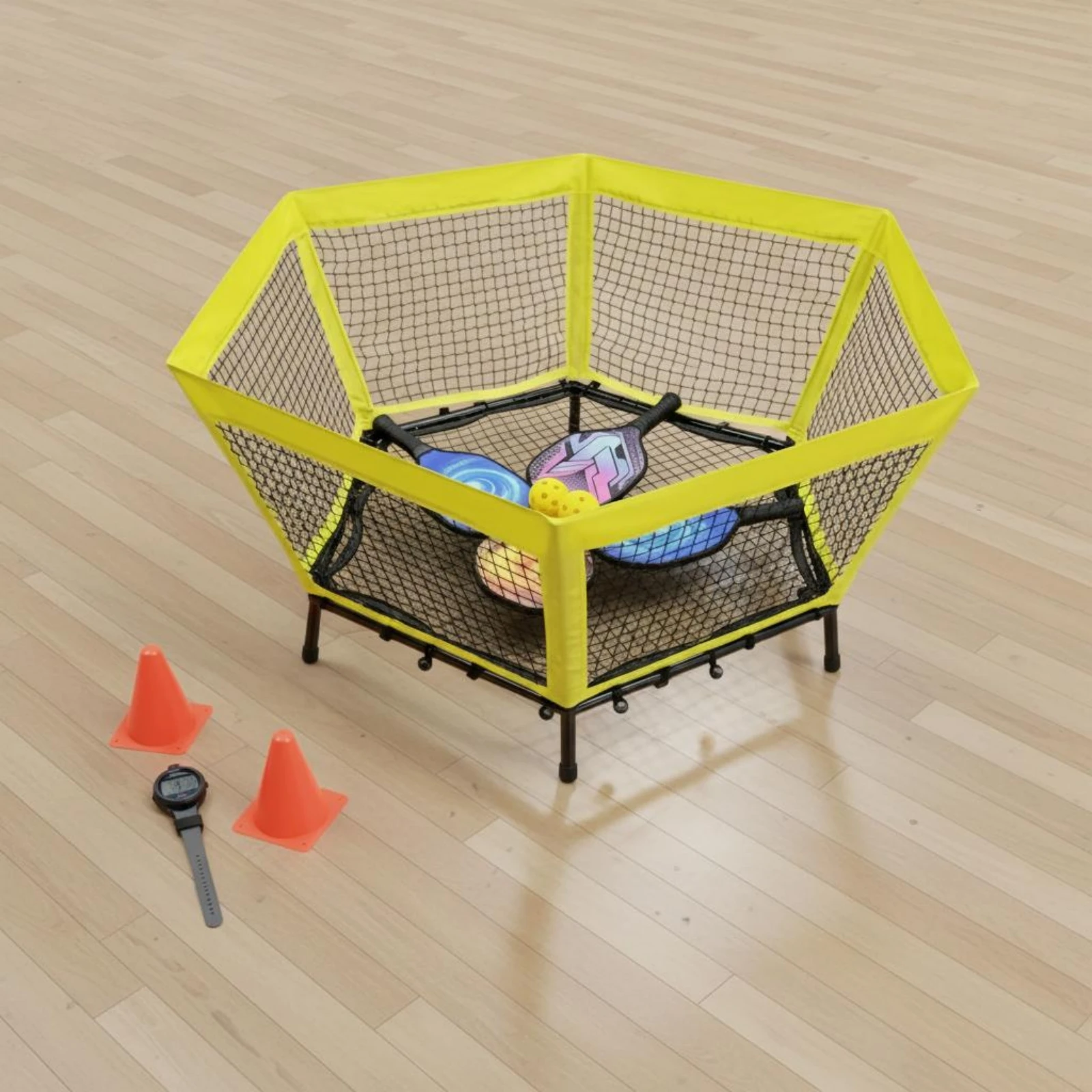Portable Pickleball Practice Net Polygonal Pickleball Training Net Sports Equipment Yellow Top Border Athletic Gear Black Mesh
Portable Pickleball Practice Net Polygonal Pickleball Training Net Sports Equipment Yellow Top Border Athletic Gear Black Mesh