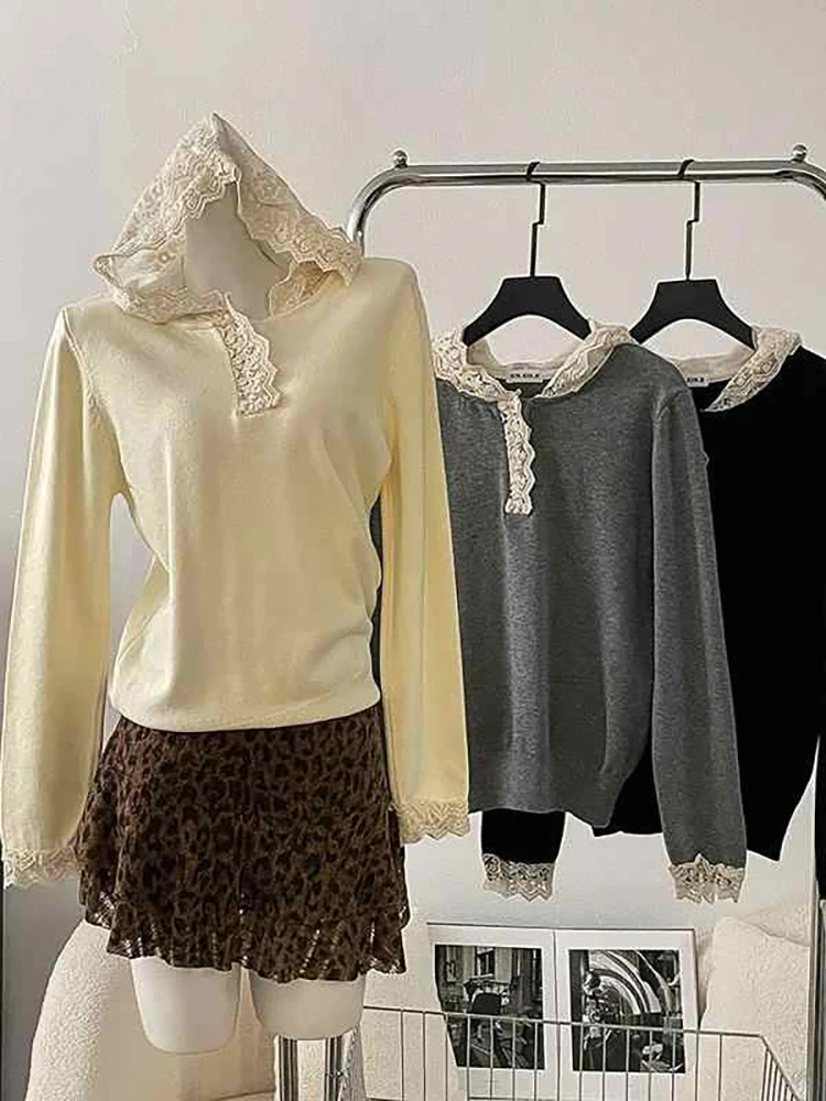 Lace Splice Hooded Knitwear Women Autumn Winter New Slim Pullover Sweater Fashionable Lady Knitted Tops Korean Style Knitshirts
Lace Splice Hooded Knitwear Women Autumn Winter New Slim Pullover Sweater Fashionable Lady Knitted Tops Korean Style Knitshirts
