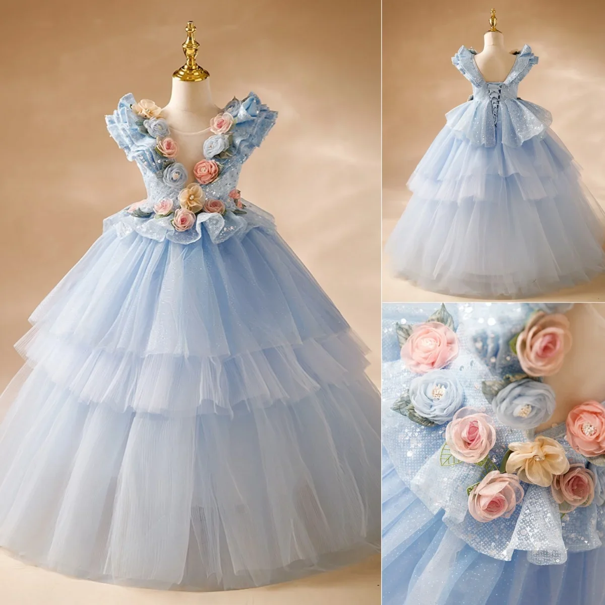Flower Girl Dresses Blue Flower Girl Dresses Pageant Gown For Wedding 3D Floral Appliques Sequins Ruffles Birthday Party First C 
Flower Girl Dresses Blue Flower Girl Dresses Pageant Gown For Wedding 3D Floral Appliques Sequins Ruffles Birthday Party First C
