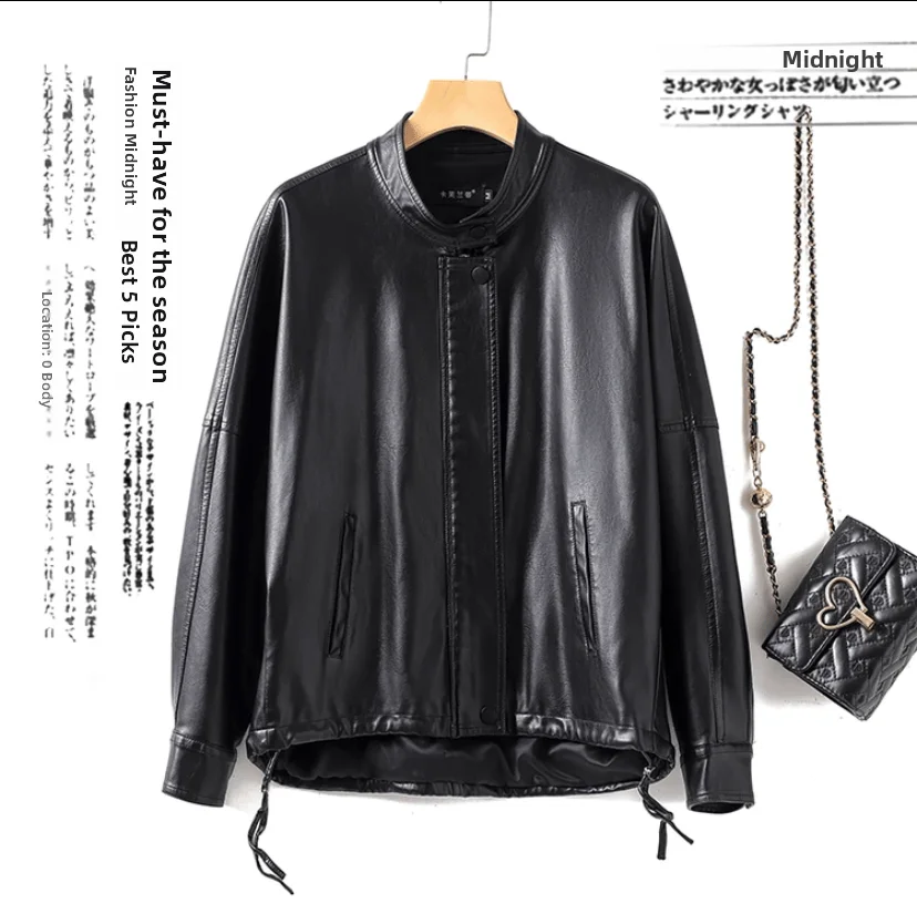 ning Women's Leather Jaet Bla Stand Collar Dstring Casual Top Faionable Loose Fit ort Sle Spring 2025
ning Women's Leather Jaet Bla Stand Collar Dstring Casual Top Faionable Loose Fit ort Sle Spring 2025