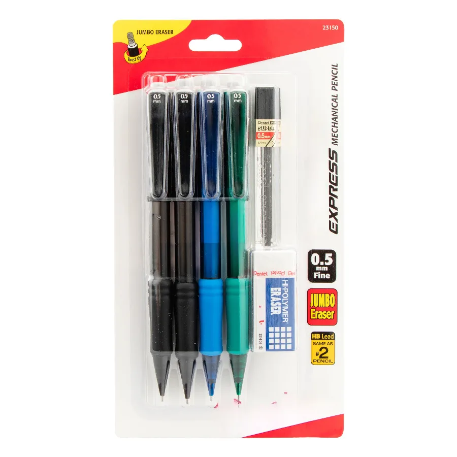 Express Mechanical Pencil 0.5mm fine, Pack of Four Assorted Barrel Colors with Lead and Eraser 6 Pieces in Pack
Express Mechanical Pencil 0.5mm fine, Pack of Four Assorted Barrel Colors with Lead and Eraser 6 Pieces in Pack