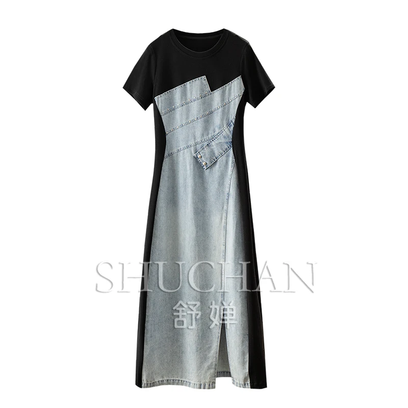 Patchwork Fashion Dress Designer Spell Knitted Split-ended Short-sleeved Denim Dress Women's 48C4 Vestido Feminino
Patchwork Fashion Dress Designer Spell Knitted Split-ended Short-sleeved Denim Dress Women's 48C4 Vestido Feminino