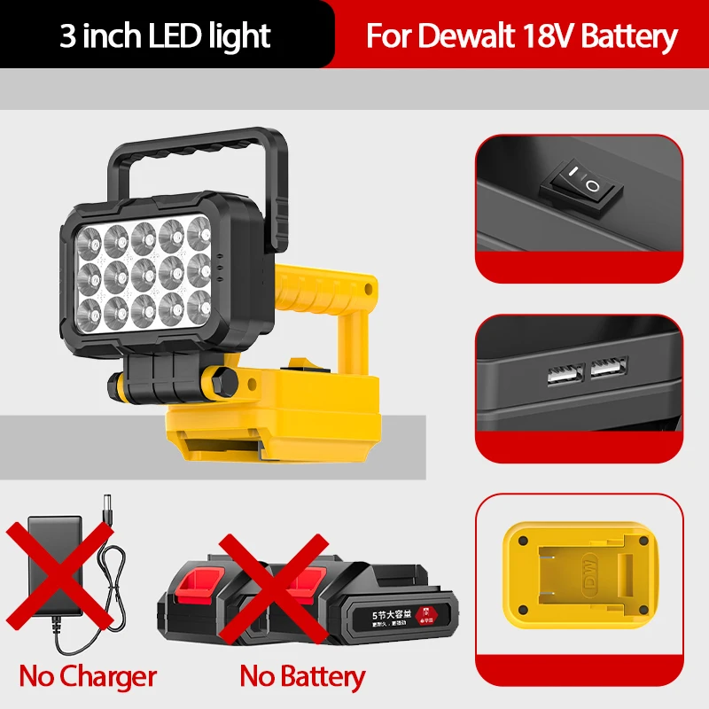 Led Light For Dewalt 18V Battery Portable Spotlight Cordless Outdoor Work Fishing Handheld Emergency Tool Light No Battery
Led Light For Dewalt 18V Battery Portable Spotlight Cordless Outdoor Work Fishing Handheld Emergency Tool Light No Battery