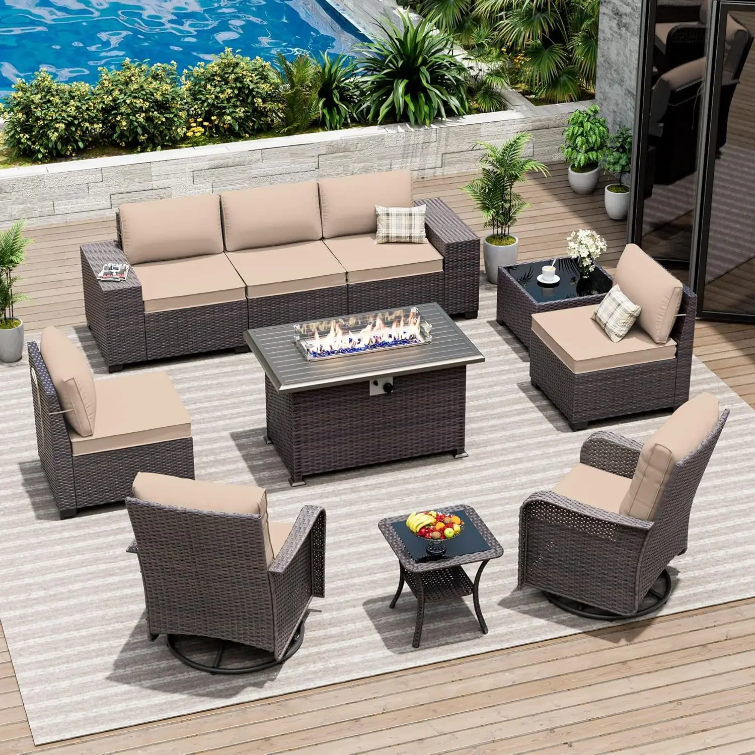 10 Piece Outdoor Patio Furniture Set with 2 Swivel Chairs Sectional Sofa 55000 BTU Gas Fire Pit Table & Cushions, Custom
10 Piece Outdoor Patio Furniture Set with 2 Swivel Chairs Sectional Sofa 55000 BTU Gas Fire Pit Table & Cushions, Custom
