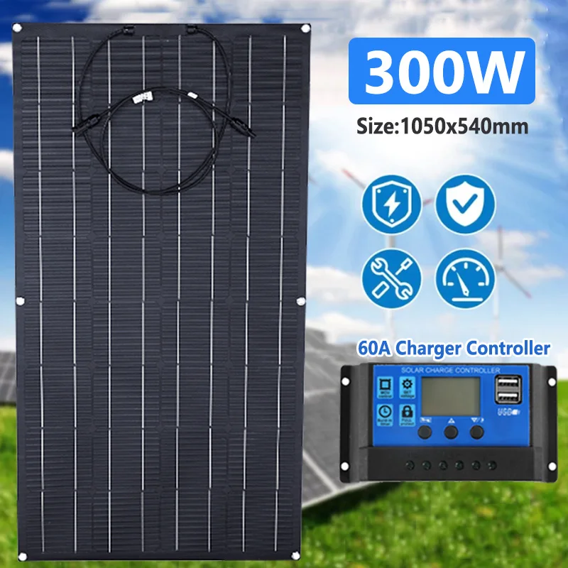300W Solar Panel 18V Flexible Solar Cell with 60A Charger Controller Energy Charger for Camping RV Car Boat Marine Motorhome
300W Solar Panel 18V Flexible Solar Cell with 60A Charger Controller Energy Charger for Camping RV Car Boat Marine Motorhome