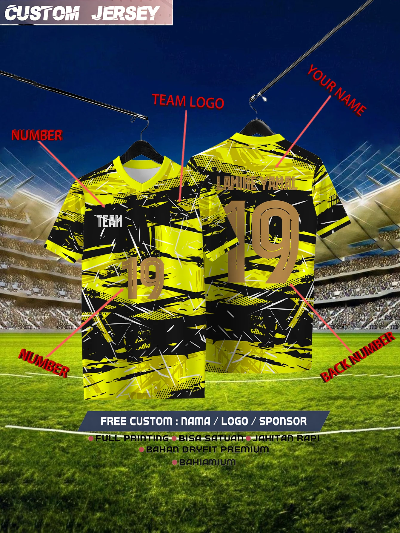 Customized Geometric Yellow Short Sleeved Shirt with Team Name, Emblem, Name and Number, Outdoor Sports Short Sleeved T-shirt 
Customized Geometric Yellow Short Sleeved Shirt with Team Name, Emblem, Name and Number, Outdoor Sports Short Sleeved T-shirt