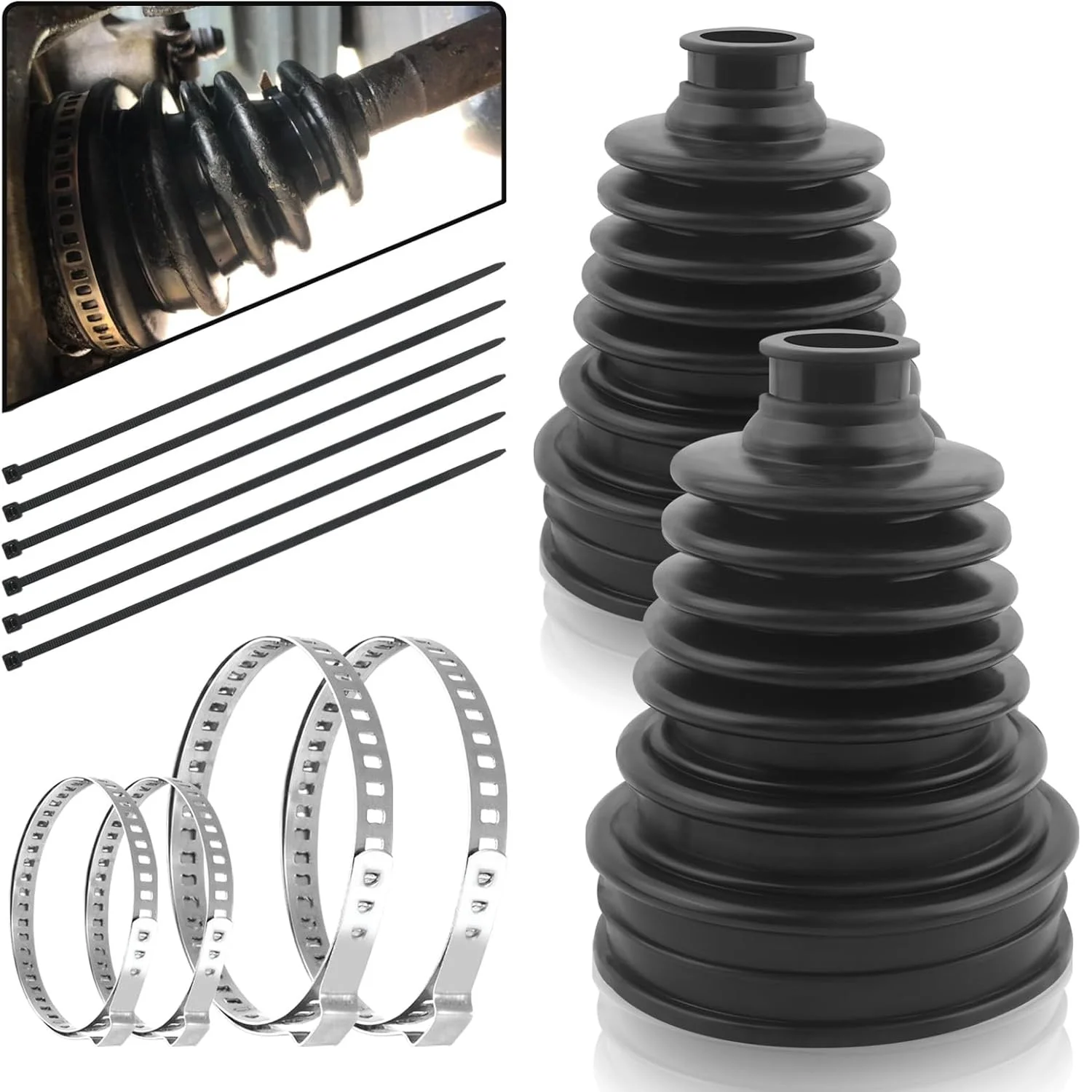 Upgrade 2PCS CV Boot with 4 Stainless Steel Clamps & 6 Cable Ties, Waterproof & Dustproof CV Axle Boot Repair Kit
Upgrade 2PCS CV Boot with 4 Stainless Steel Clamps & 6 Cable Ties, Waterproof & Dustproof CV Axle Boot Repair Kit