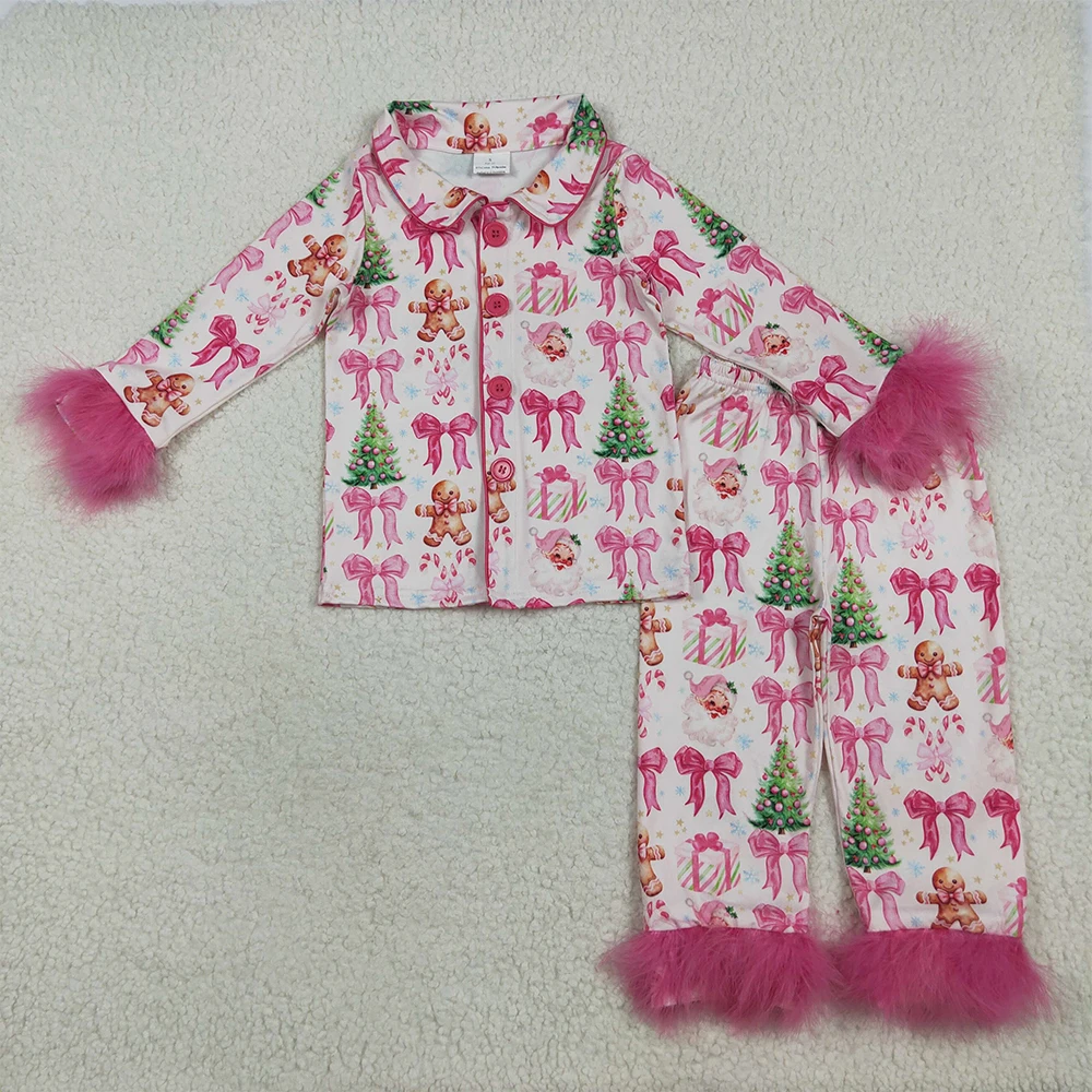 Baby Girls Christmas Pajamas Set with Fur Bows Gingerbread Trees Design Button Top Pants Outfit for Holiday Celebrations
Baby Girls Christmas Pajamas Set with Fur Bows Gingerbread Trees Design Button Top Pants Outfit for Holiday Celebrations