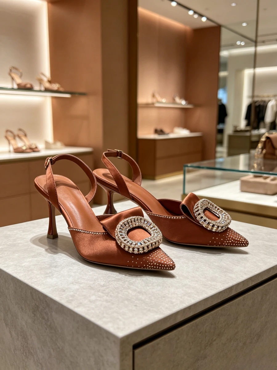 Caramel Brown Satin Round Iridescent Crystal Buckle Gradient Rhinestone Pointed Slingback Kitten Heels, Elegant Evening Heels
Caramel Brown Satin Round Iridescent Crystal Buckle Gradient Rhinestone Pointed Slingback Kitten Heels, Elegant Evening Heels