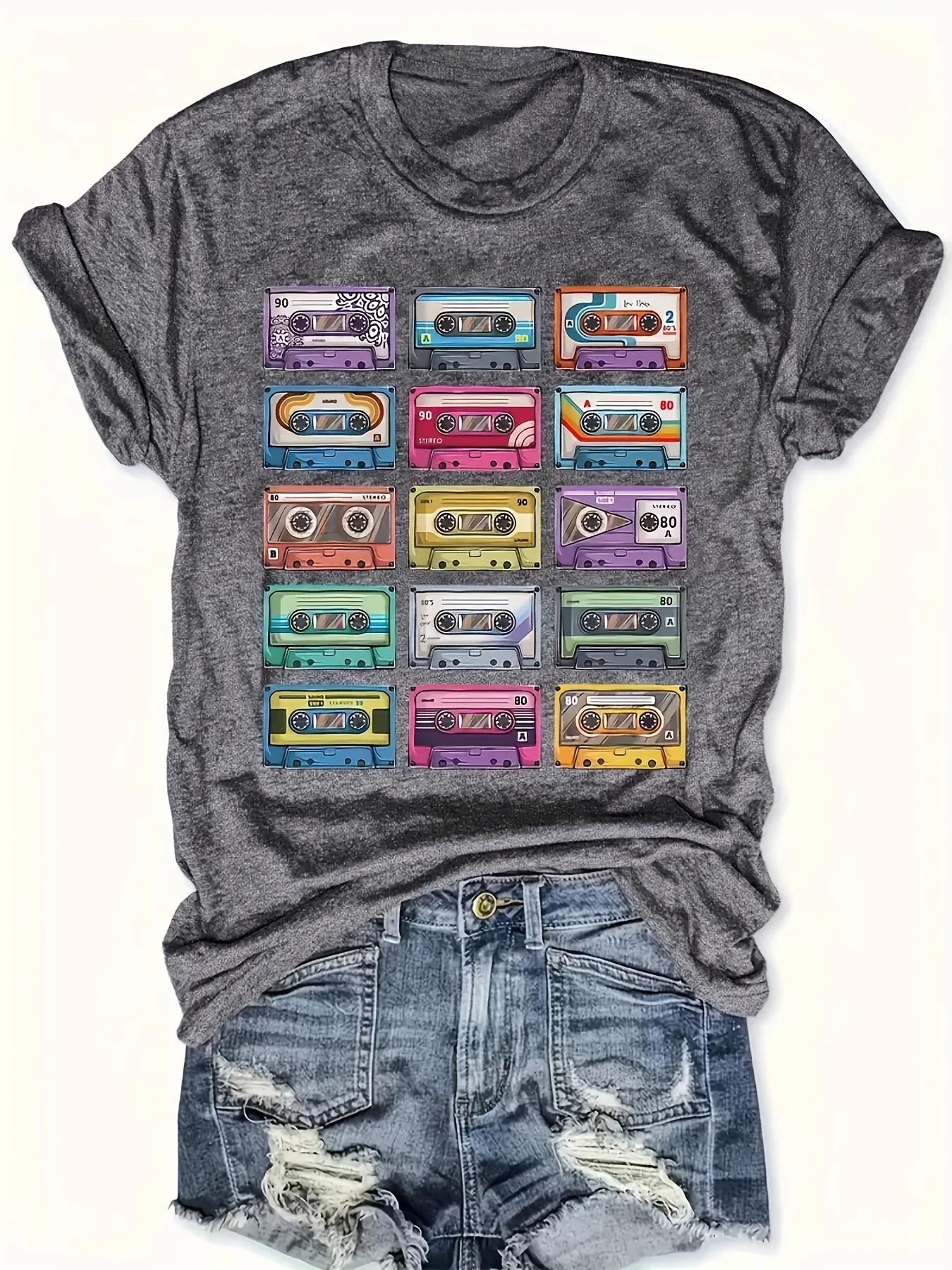 Plus - Size Gray Round Neck T - Shirt with Colorful Cassette Tape Print: Retro - music - themed and Nostalgic
Plus - Size Gray Round Neck T - Shirt with Colorful Cassette Tape Print: Retro - music - themed and Nostalgic