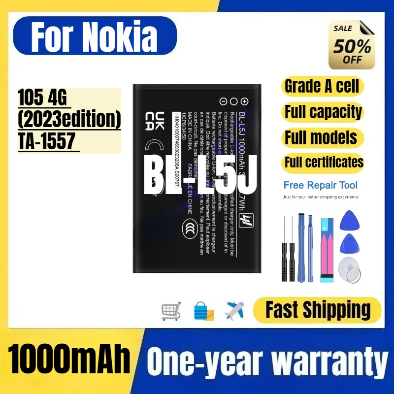 BL-L5J for Nokia 105 4G (2023edition)/TA-1557 Phone Battery High Quality Capacity Replacement Bateria Grade A Cell with Tools
BL-L5J for Nokia 105 4G (2023edition)/TA-1557 Phone Battery High Quality Capacity Replacement Bateria Grade A Cell with Tools