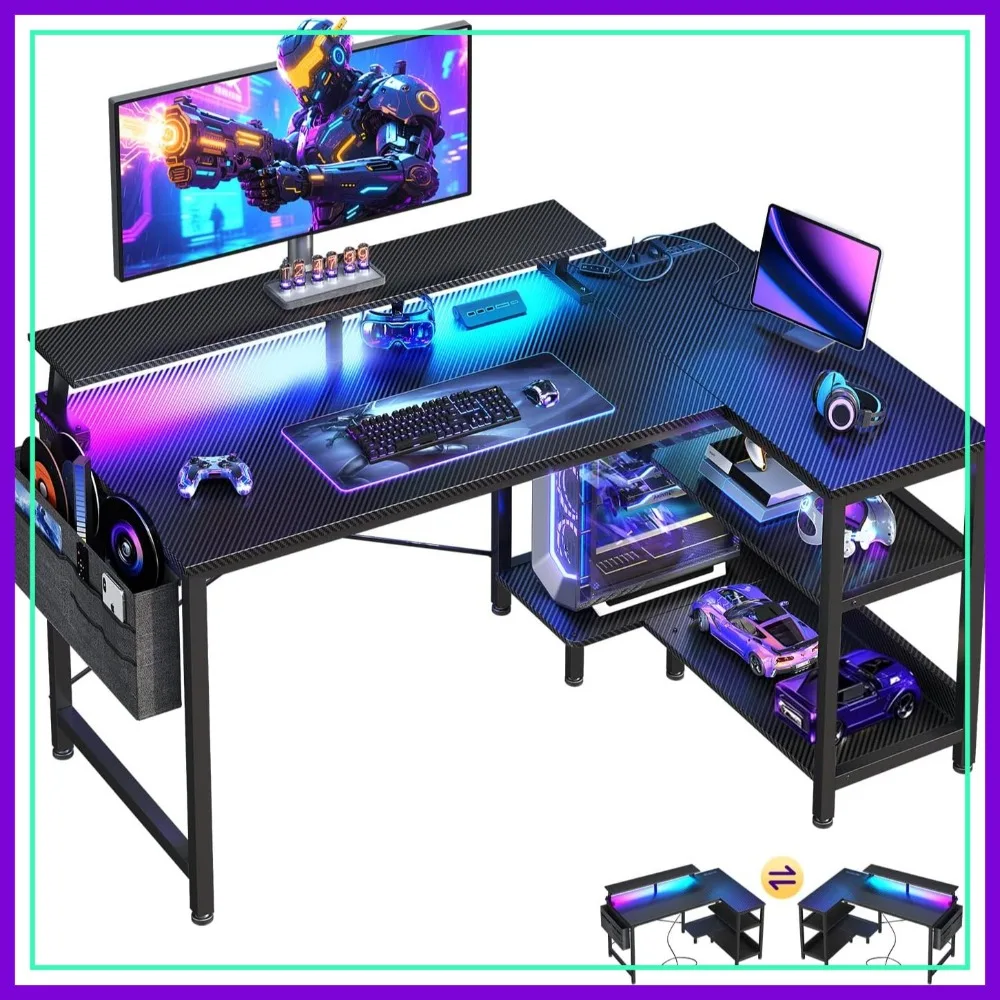 40 Inch L Shaped Gaming Desk with USB Ports, LED Lights, Storage Shelves & Monitor Stand, Carbon Fiber Surface, Black
40 Inch L Shaped Gaming Desk with USB Ports, LED Lights, Storage Shelves & Monitor Stand, Carbon Fiber Surface, Black