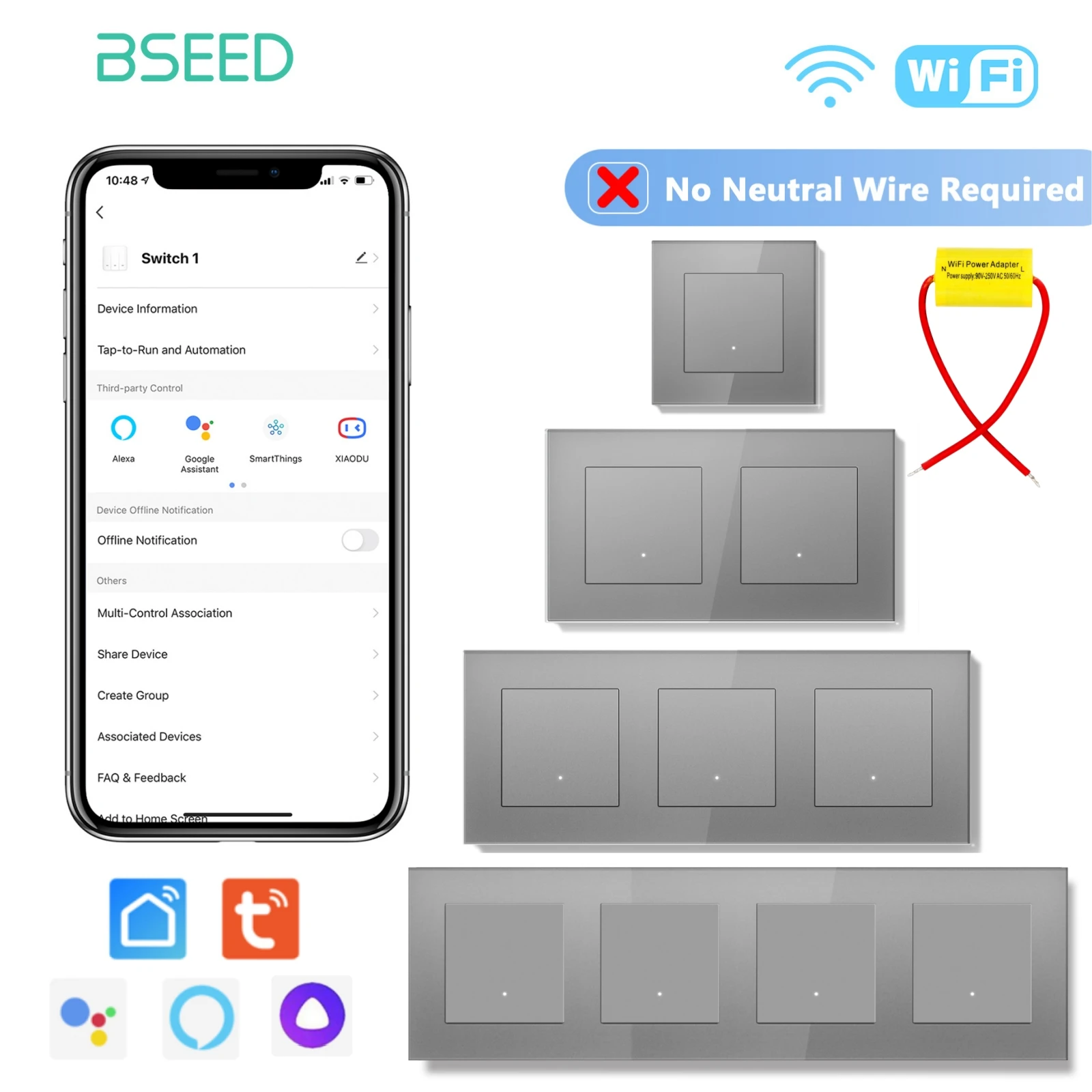 BSEED 1/2/3/4Gang WIFI Click Switches No Neutral Wire Required Smart Switches For Tuya Smart Life Google Yandex Alice
BSEED 1/2/3/4Gang WIFI Click Switches No Neutral Wire Required Smart Switches For Tuya Smart Life Google Yandex Alice