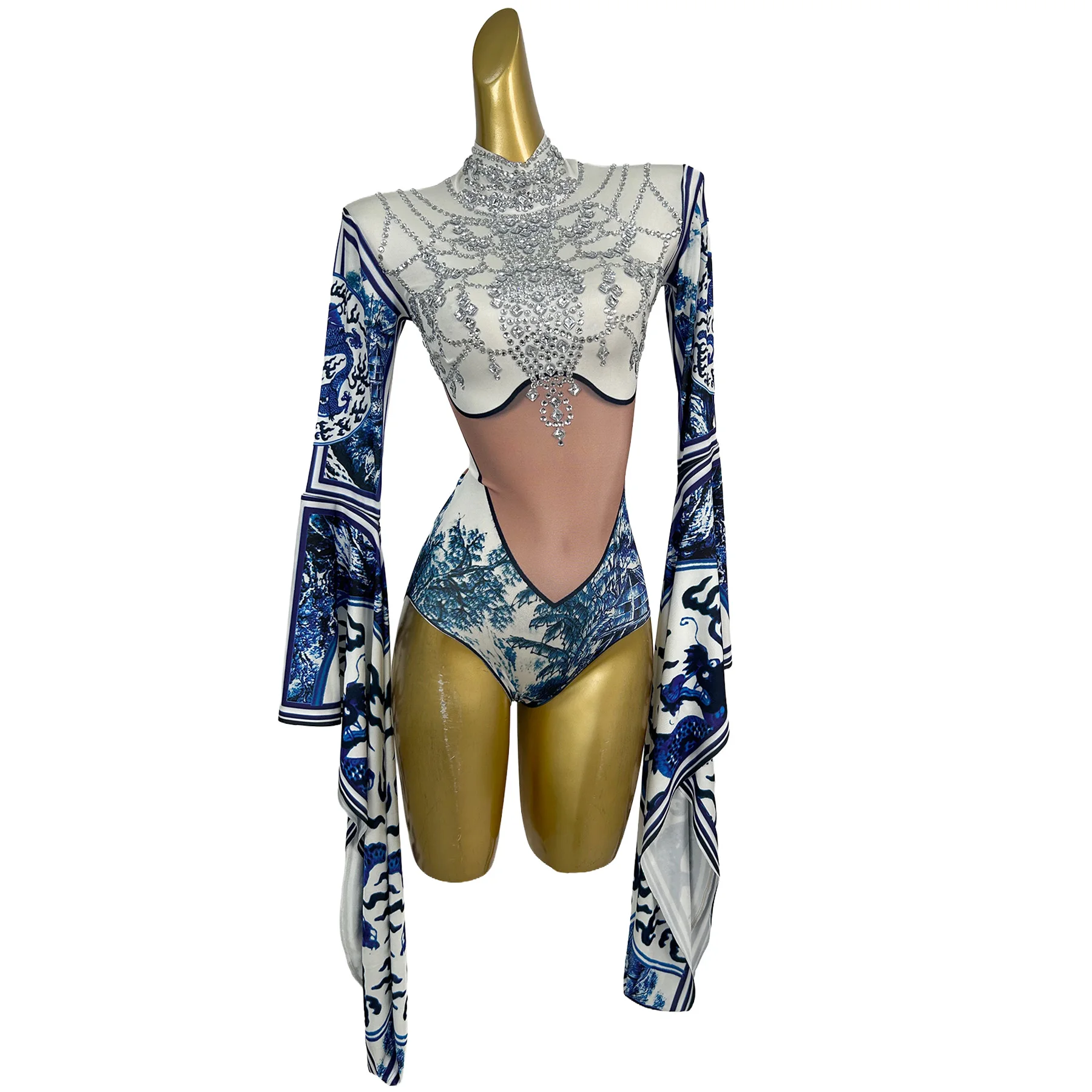 Qinghuaci Womens Luxury Blue White Porcelain Print Rhinestone Bodysuit High Neck Long Sleeve Cutout Party Club Stage Outfit
Qinghuaci Womens Luxury Blue White Porcelain Print Rhinestone Bodysuit High Neck Long Sleeve Cutout Party Club Stage Outfit