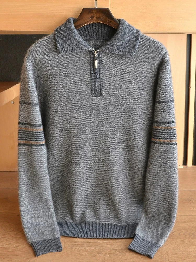 Men's 100% pure cashmere zipper lapel bottoming sweater thickened business high-end sweater in winter.
Men's 100% pure cashmere zipper lapel bottoming sweater thickened business high-end sweater in winter.