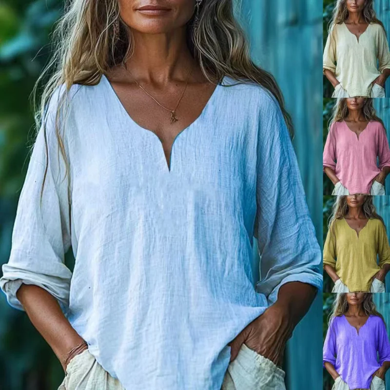 European and American New2025Summer New Women's Casual Loose Fashion Cotton Linen Long SleeveVSolid Color Top
European and American New2025Summer New Women's Casual Loose Fashion Cotton Linen Long SleeveVSolid Color Top