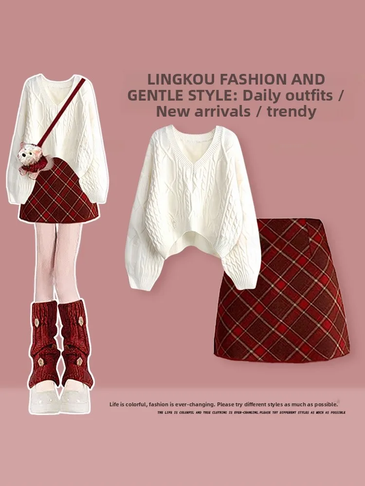 Large Size Autumn Winter Casual Set Women's Anti-Aging Versatile Loose Knitted Sweater with Christmas Red Plaid Skirt Two-Pie...
Large Size Autumn Winter Casual Set Women's Anti-Aging Versatile Loose Knitted Sweater with Christmas Red Plaid Skirt Two-Pie...