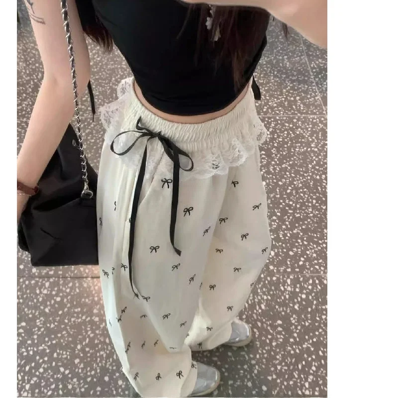 Sweet And Spicy Girl Lace Trim Casual Pants Knot Wide Leg Loose Elastic Waist Straight Leg Summer Trousers for Women
Sweet And Spicy Girl Lace Trim Casual Pants Knot Wide Leg Loose Elastic Waist Straight Leg Summer Trousers for Women