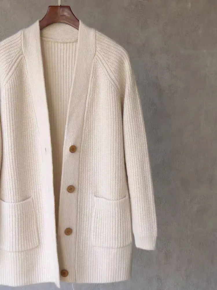 Кардиган средней длины из мериносовой шерсти, женская осенне-зимняя куртка, вязаный кашемировый свитер на пуговицах из 100% шерсти
Кардиган средней длины из мериносовой шерсти, женская осенне-зимняя куртка, вязаный кашемировый свитер на пуговицах из 100% шерсти