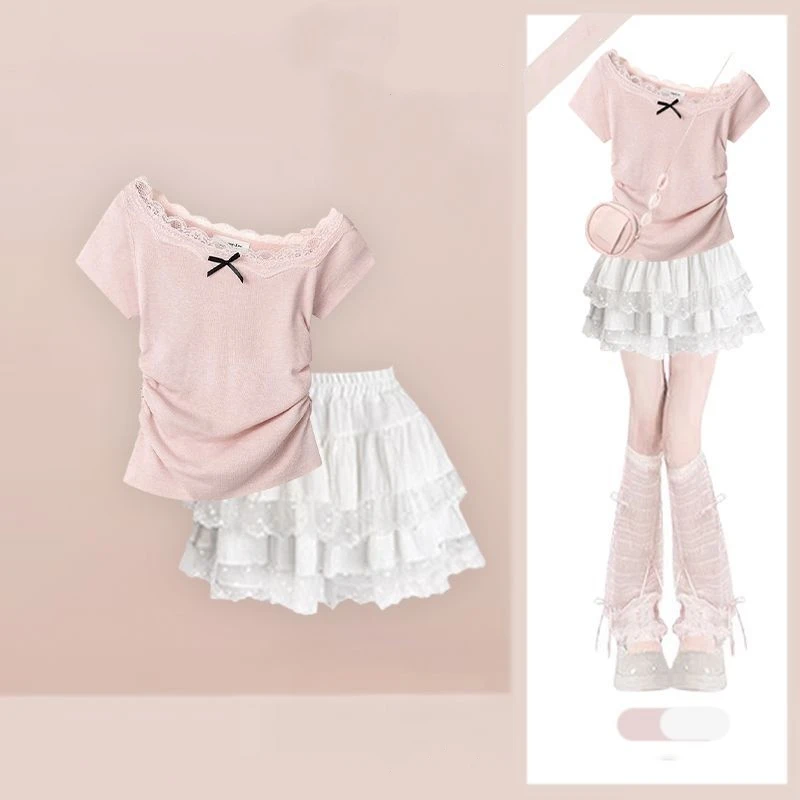 Women Sweet Cute Pink Bowknot Skew Collar T-Shirts White Ball Gown 1 or Two Piece Set Lady Summer Kawwii Tops Mini Skirts Outfit
Women Sweet Cute Pink Bowknot Skew Collar T-Shirts White Ball Gown 1 or Two Piece Set Lady Summer Kawwii Tops Mini Skirts Outfit