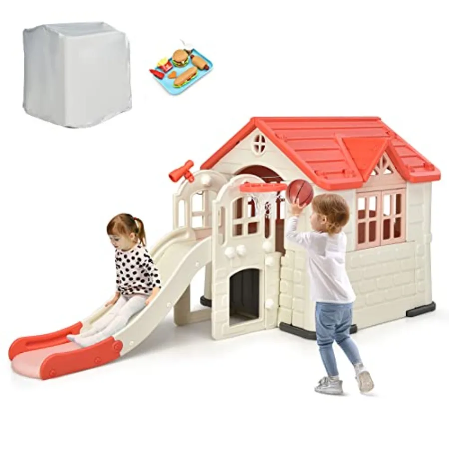Outdoor kids playhouse and slide set: 7-in-1 cottage pretend play area with working doors/windows, picnic table, toy tray, wate
Outdoor kids playhouse and slide set: 7-in-1 cottage pretend play area with working doors/windows, picnic table, toy tray, wate