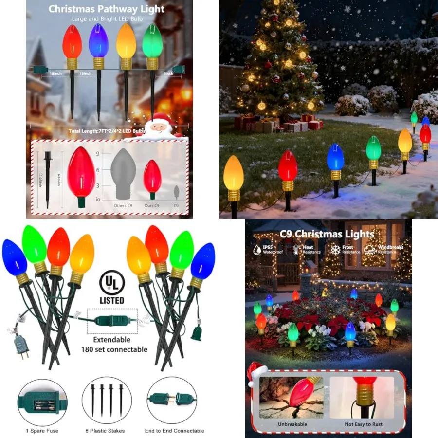 Jumbo Christmas Pathway Lights Outdoor, 2 Pack 7 Feet Jumbo Christmas Lights with Pathway Marker Stakes, 8 Giant Multicolor Bul
Jumbo Christmas Pathway Lights Outdoor, 2 Pack 7 Feet Jumbo Christmas Lights with Pathway Marker Stakes, 8 Giant Multicolor Bul