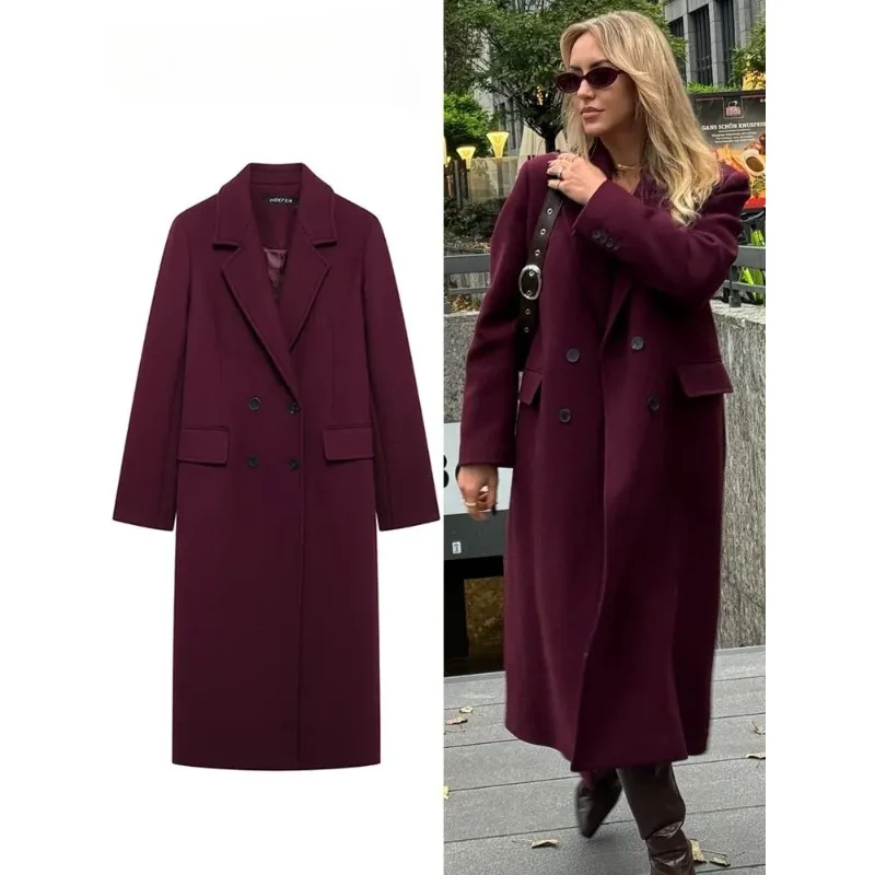 Women Fashion Burgundy Woolen Coat Double Breasted Long Sleeve Lapel Blends Jacket Autumn Winter High Street Outerwear
Women Fashion Burgundy Woolen Coat Double Breasted Long Sleeve Lapel Blends Jacket Autumn Winter High Street Outerwear