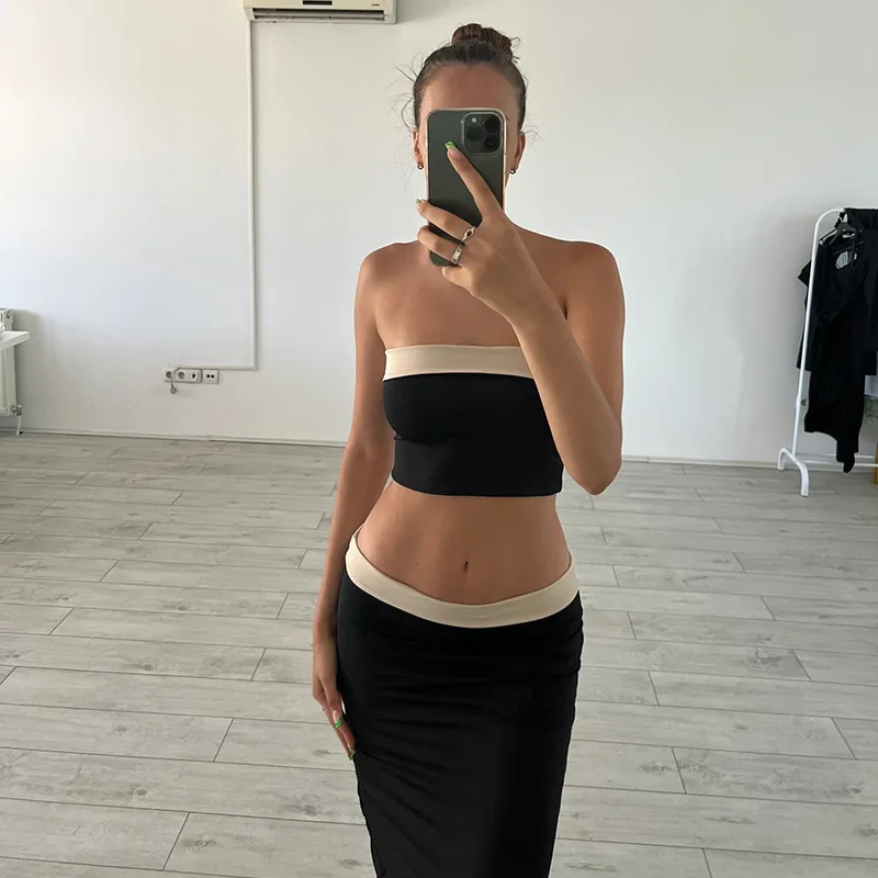 Cross border American sexy strapless and exposed navel top half skirt color blocking splicing spicy girl two-piece set women's
Cross border American sexy strapless and exposed navel top half skirt color blocking splicing spicy girl two-piece set women's
