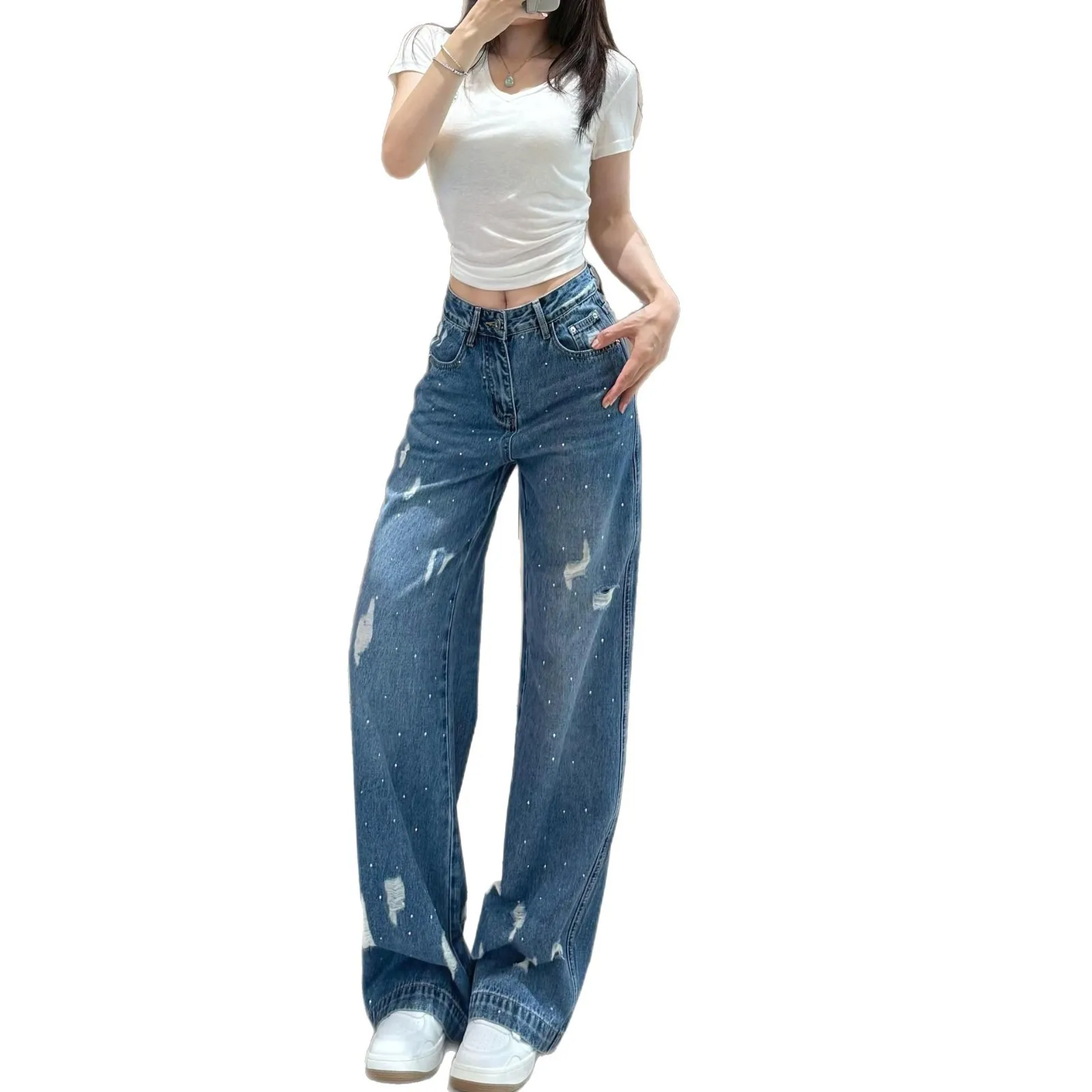 American Retro Women's Summer Straight High-Denim Slimming Long Pants Casual Sparkling Diamond Design Front Ripped Wide Leg Hole
American Retro Women's Summer Straight High-Denim Slimming Long Pants Casual Sparkling Diamond Design Front Ripped Wide Leg Hole