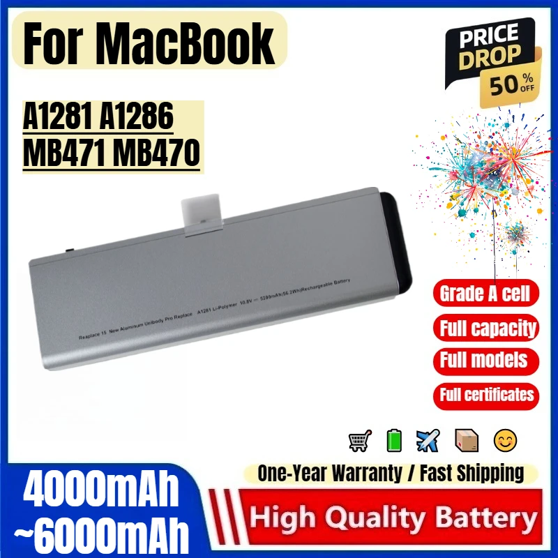 For MacBook Pro 15 Inch A1281 A1286 MB471 MB470 Laptop Battery 0 Cycle High Quality Capacity Battery Replacement Bateria Grade
For MacBook Pro 15 Inch A1281 A1286 MB471 MB470 Laptop Battery 0 Cycle High Quality Capacity Battery Replacement Bateria Grade