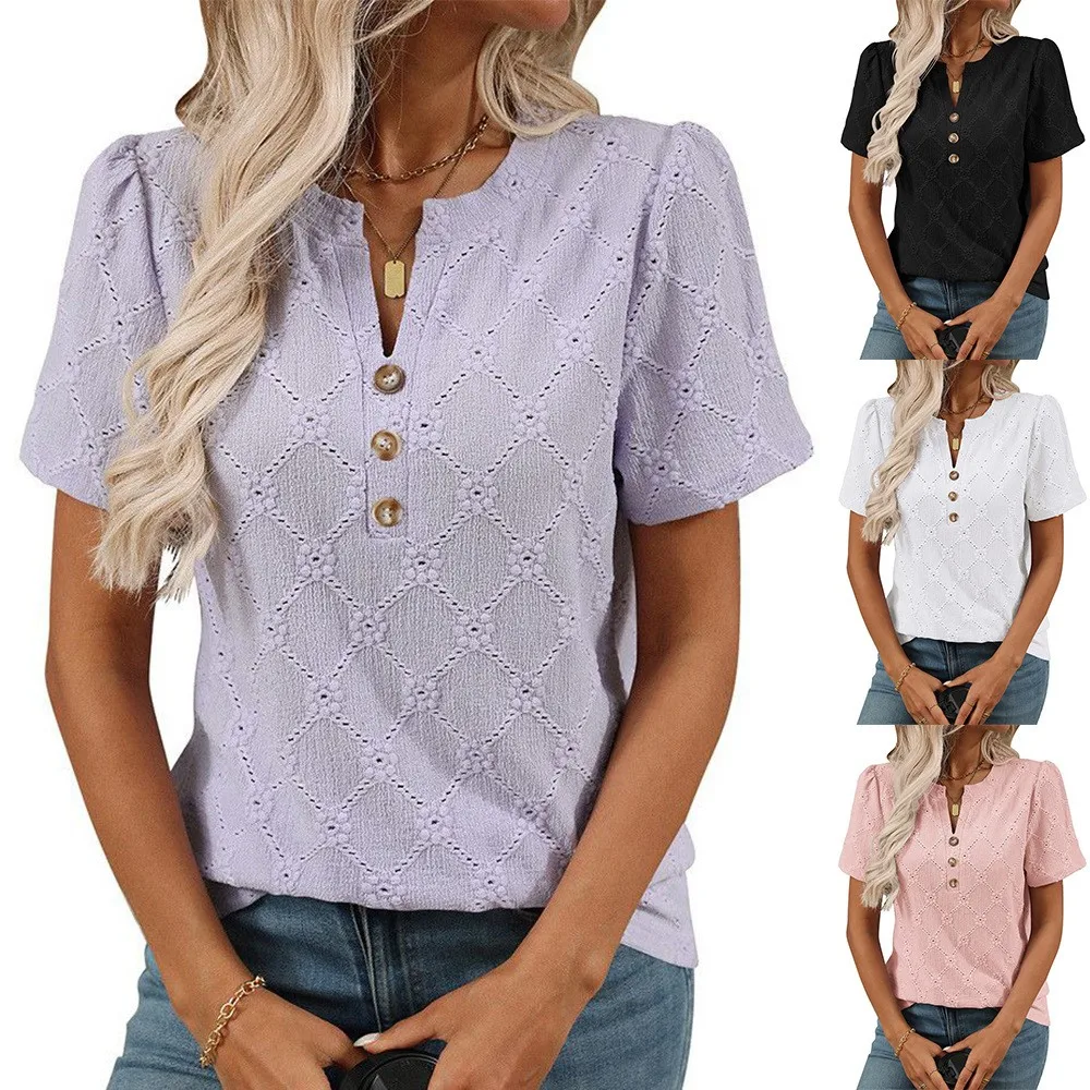 Summer Women's Clothing Blouse Loose Fit Short Sleeve Blouses V Neck Hollow Out Top Button Front Eyelet Lace Pastel Purple Tee
Summer Women's Clothing Blouse Loose Fit Short Sleeve Blouses V Neck Hollow Out Top Button Front Eyelet Lace Pastel Purple Tee