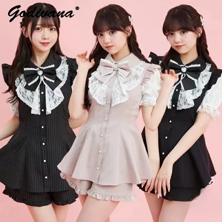 2024 New Summer Stripes Lace Bow Short Sleeve Blouse Shirt and Shorts 2 Piece Girl Women's SC Suit Skirt Set Outfits
2024 New Summer Stripes Lace Bow Short Sleeve Blouse Shirt and Shorts 2 Piece Girl Women's SC Suit Skirt Set Outfits