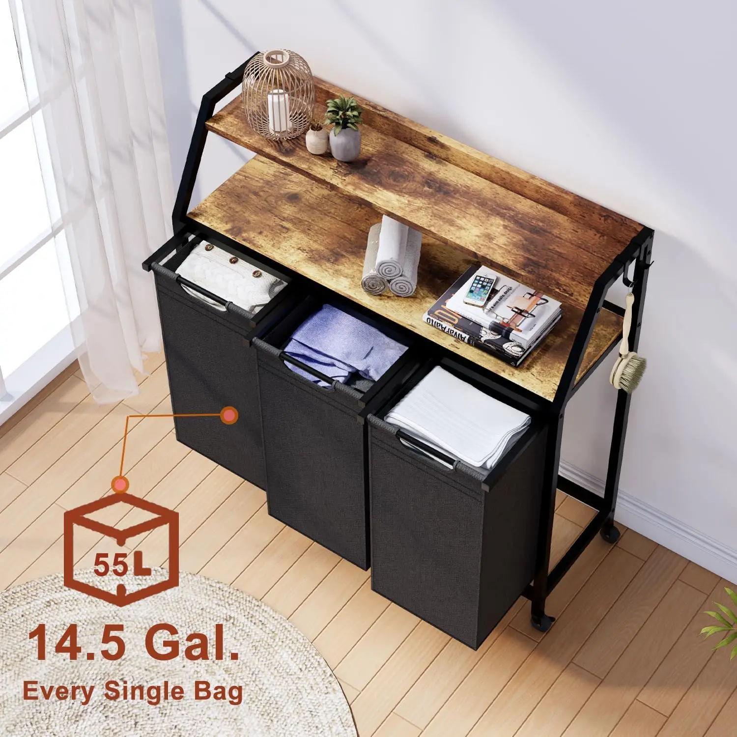 Laundry Sorter 3 Section, Rolling Laundry Basket with Wheels, 2 Shelves, 3 × 14.5 Gal, Pull-Out and Removable Oxford Fabric Bags 
Laundry Sorter 3 Section, Rolling Laundry Basket with Wheels, 2 Shelves, 3 × 14.5 Gal, Pull-Out and Removable Oxford Fabric Bags