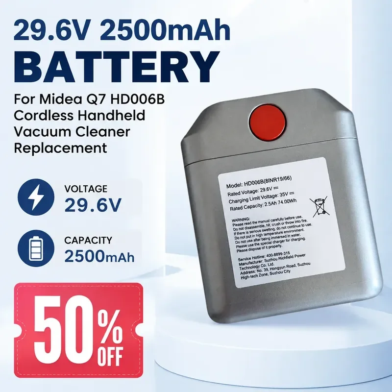29.6V 2500mAh Battery For Midea Q7 HD006B Cordless Handheld Vacuum Cleaner Replacement
29.6V 2500mAh Battery For Midea Q7 HD006B Cordless Handheld Vacuum Cleaner Replacement