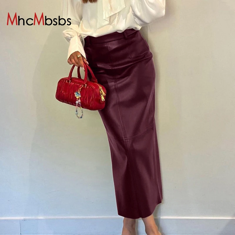 Fashion Wine Red PU Faux Leather Skirts For Women Elegant High Waisted Slim Solid Skirts Casual Straight Mid-Calf Skirt Female
Fashion Wine Red PU Faux Leather Skirts For Women Elegant High Waisted Slim Solid Skirts Casual Straight Mid-Calf Skirt Female