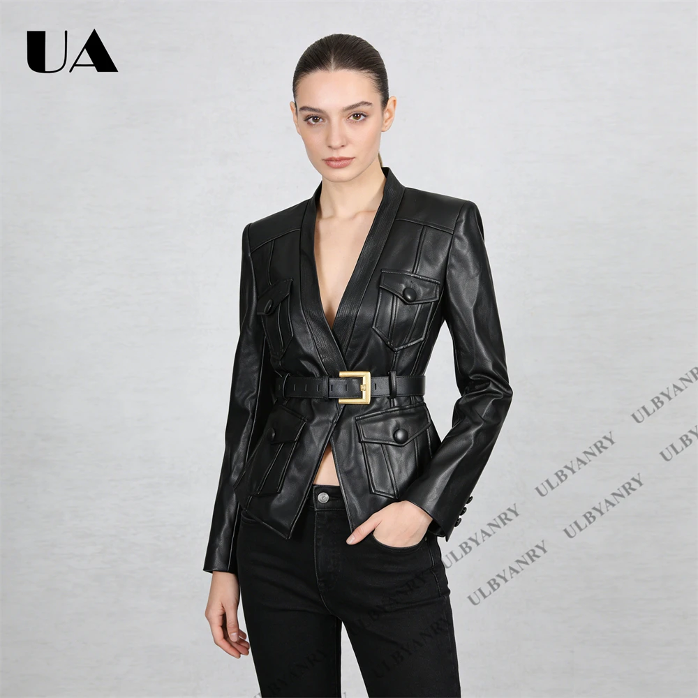 Women’s Black Faux Leather Blazer with Asymmetric Belt & Gold Buckle, Multi-Pocket Design, Edgy Streetwear or Night Out Jacket
Women’s Black Faux Leather Blazer with Asymmetric Belt & Gold Buckle, Multi-Pocket Design, Edgy Streetwear or Night Out Jacket