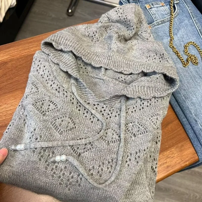 Casual Hoodie Hollow Out Knitted Pullover 2025 Spring Autumn New Grey Sweaters Mujer Fashion Loose Hole Top Women Shirts 
Casual Hoodie Hollow Out Knitted Pullover 2025 Spring Autumn New Grey Sweaters Mujer Fashion Loose Hole Top Women Shirts