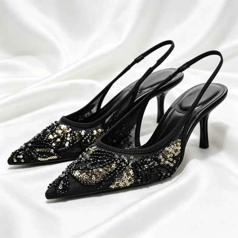 Mesh String Bead Embellished Design Heels Women Pointed Toe Back Strap Heeled Sandals Elegant Banquet Party Designer Mules Shoes
Mesh String Bead Embellished Design Heels Women Pointed Toe Back Strap Heeled Sandals Elegant Banquet Party Designer Mules Shoes