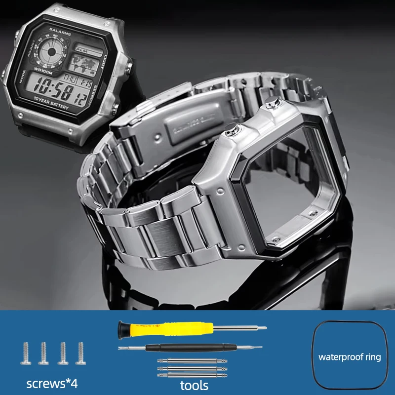 AE1200WH upgrade full Metal Mod kit Steel Case bezel watchband with tools Screw waterproof gasket For Casio AE1200|AE1300 watch
AE1200WH upgrade full Metal Mod kit Steel Case bezel watchband with tools Screw waterproof gasket For Casio AE1200|AE1300 watch
