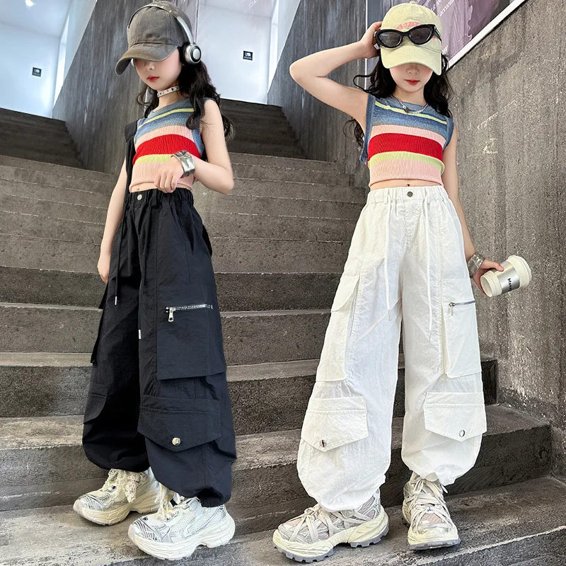Girls' summer rainbow striped T-shirt ice silk vest Tops overalls set children's wide-leg pants Casual Suit straight Cargo pants
Girls' summer rainbow striped T-shirt ice silk vest Tops overalls set children's wide-leg pants Casual Suit straight Cargo pants