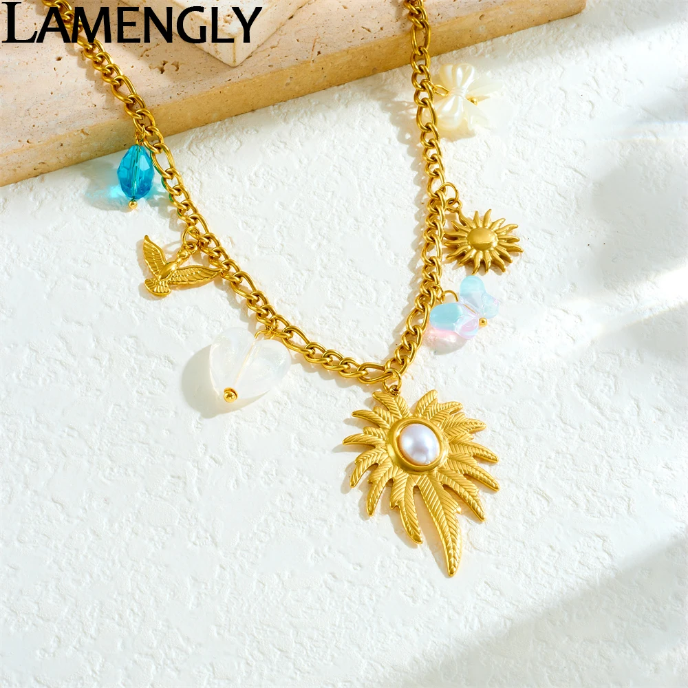 LAMENGLY 316L Stainless Steel Bird Sun Large Leaves Multi-Element Pendant Necklace For Women Exaggerated Neck Chain Party Gifts
LAMENGLY 316L Stainless Steel Bird Sun Large Leaves Multi-Element Pendant Necklace For Women Exaggerated Neck Chain Party Gifts
