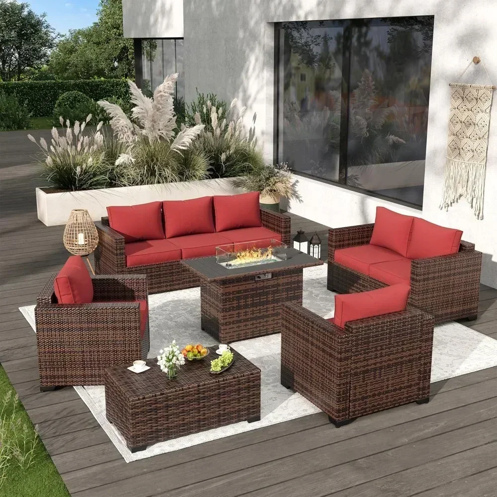 9-piece set of terrace furniture with 44 inch metal top fire pit table, outdoor willow terrace sofa, and storage table
9-piece set of terrace furniture with 44 inch metal top fire pit table, outdoor willow terrace sofa, and storage table