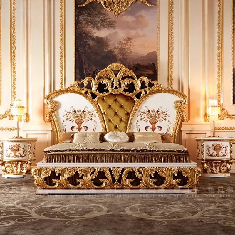 Европейская кровать из цельного дерева, Золотая итальянская стильная удобная двуспальная кровать высокого качества, модная свадебная мебель Muebles для квартиры 
Европейская кровать из цельного дерева, Золотая итальянская стильная удобная двуспальная кровать высокого качества, модная свадебная мебель Muebles для квартиры